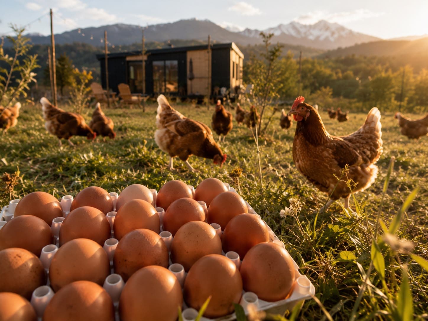 Un vassoio di uova sull'erba, con galline e una casetta sullo sfondo
